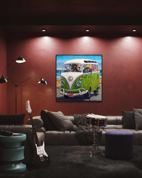 a living room with a couch and a painting on the wall