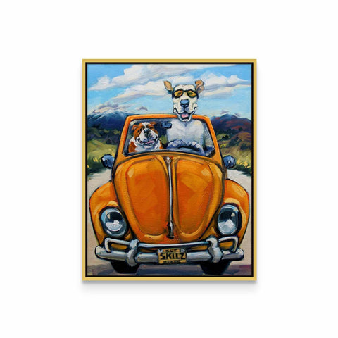 a painting of a dog sitting in the back of a car
