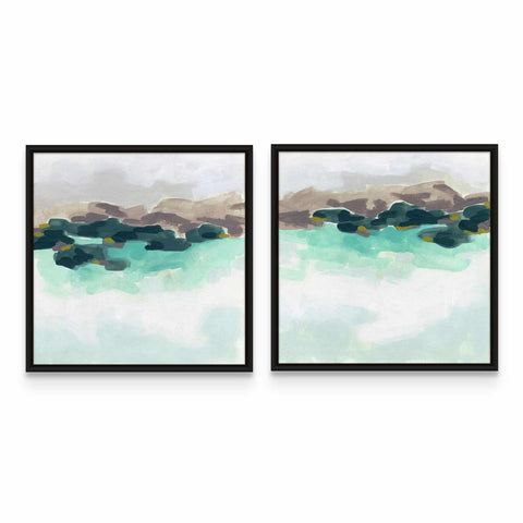 two paintings of water and rocks on a white wall