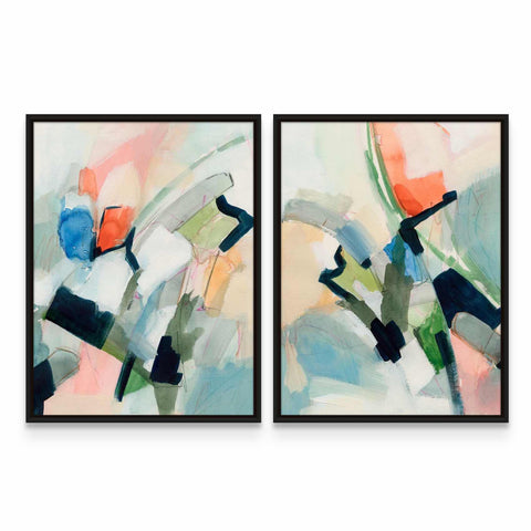 two paintings of abstract art on a white wall