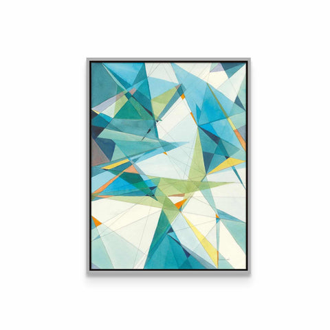 a painting of blue and green shapes on a white wall