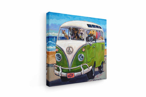 a painting of a vw bus on the beach