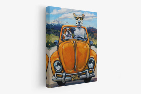 a painting of a dog and a cat in a car