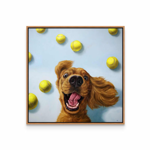 a painting of a dog with tennis balls in the air