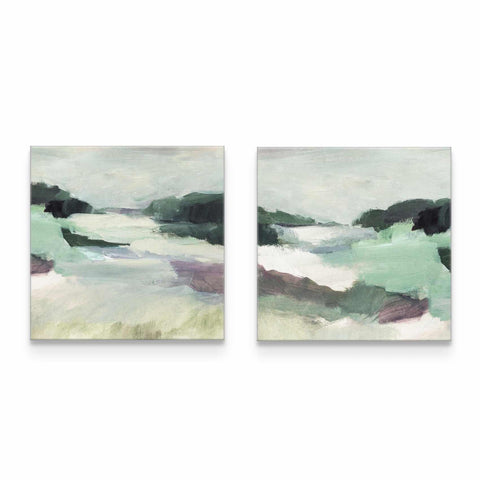 two paintings of green and purple on a white wall