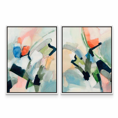 two paintings of abstract art on a white wall