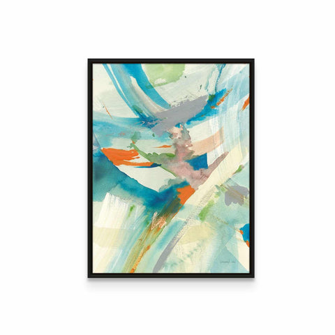 an abstract painting with blue, green and orange colors