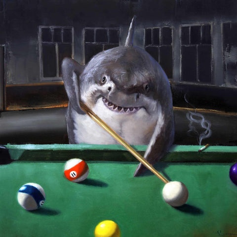 a shark playing pool with a pool cue