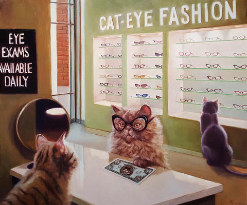 a painting of two cats looking at a pair of glasses