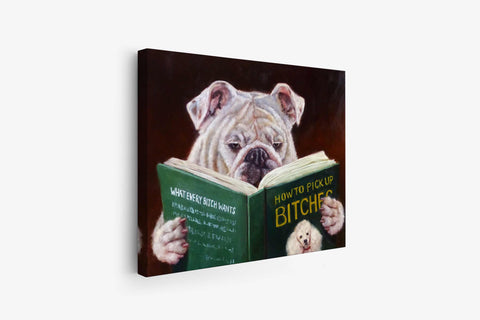 a painting of a bulldog reading a book