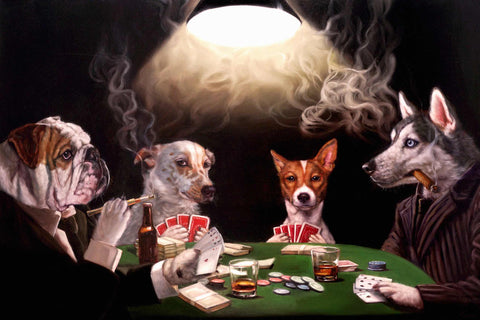 a painting of three dogs playing cards at a table