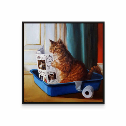 a painting of a cat sitting in a blue container