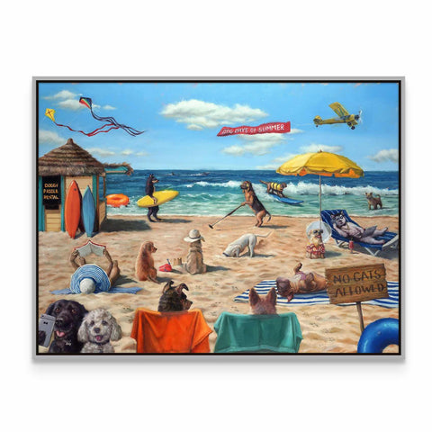a painting of a beach scene with people and dogs