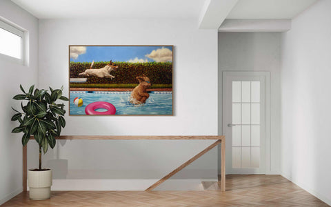 a painting of a dog in a pool with a frisbee