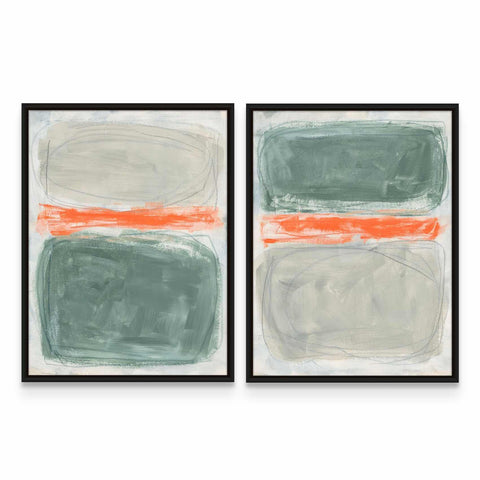 two framed paintings of green and orange on a white wall