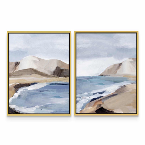 two paintings of a beach with mountains in the background