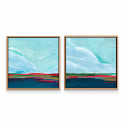 two paintings of blue, green, and red on a white wall