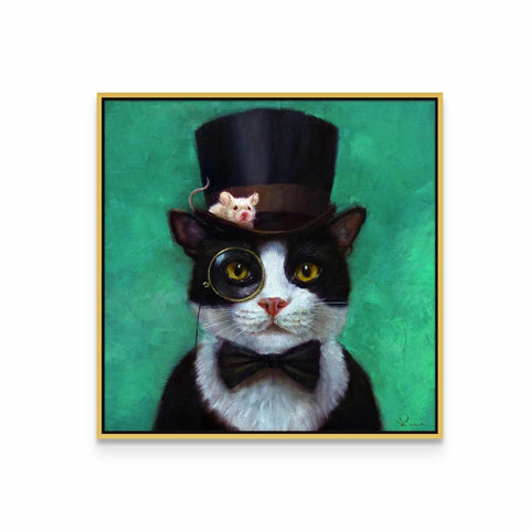 a black and white cat wearing a top hat and glasses