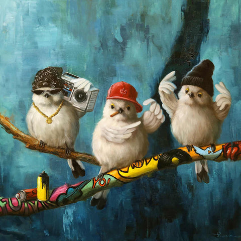 a painting of three birds sitting on a branch