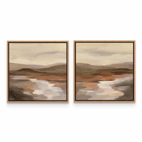 two paintings of a desert landscape