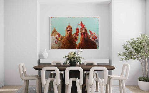 a dining room table with chairs and a painting on the wall