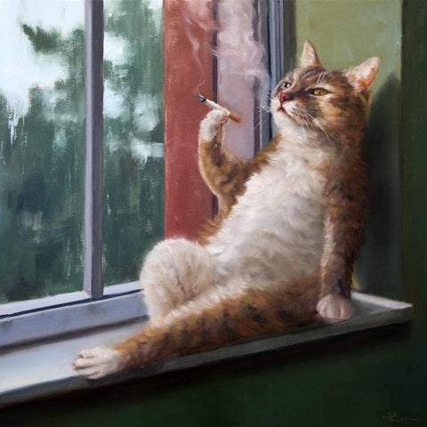 a painting of a cat sitting on a window sill