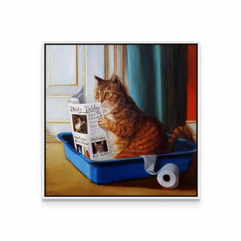 a painting of a cat sitting in a blue container