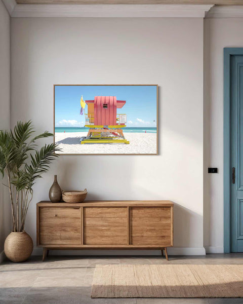 a painting of a lifeguard chair on a beach