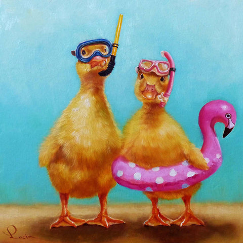 a painting of two chickens wearing goggles and a life preserver