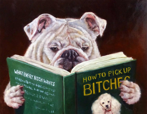 a painting of a dog reading a book