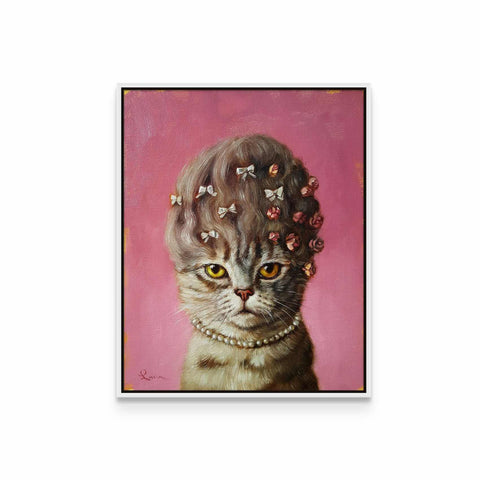 a painting of a cat with flowers in its hair