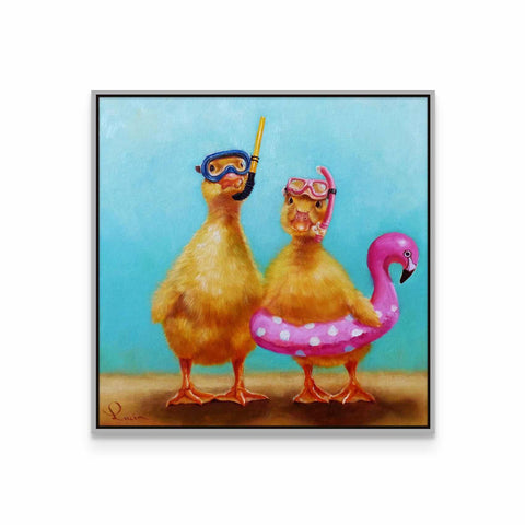 a painting of two ducks wearing goggles