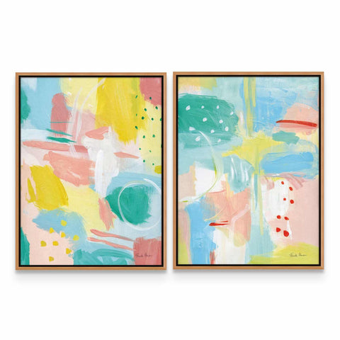 two paintings of different colors on a white wall