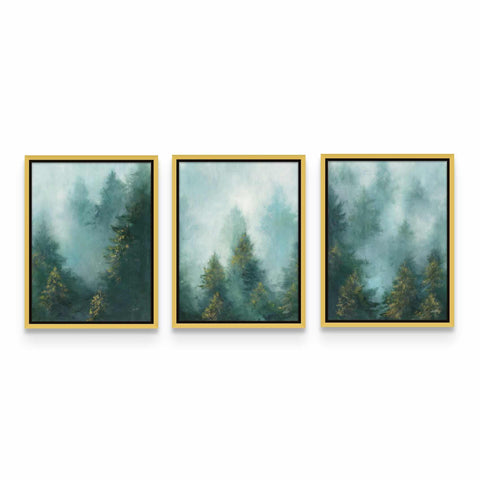 three paintings of trees in a yellow frame