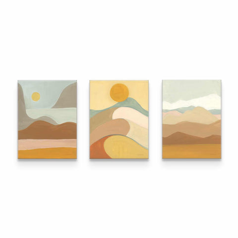 three paintings of mountains and a sun on a white background