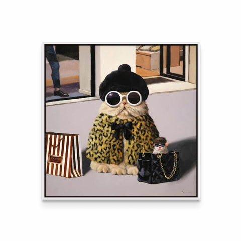 a painting of a cat wearing sunglasses and a leopard coat