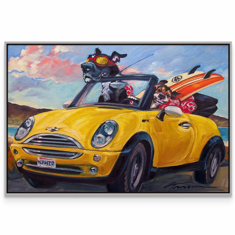 a painting of a dog riding in a yellow car