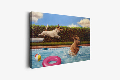 a painting of two dogs playing in a pool
