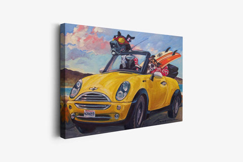 a painting of a yellow car with a surfboard on the roof