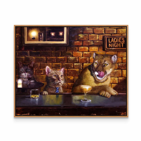 a painting of two cats sitting at a bar