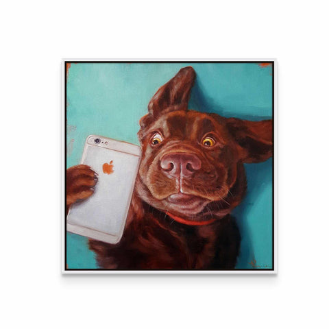 a painting of a dog holding a cell phone