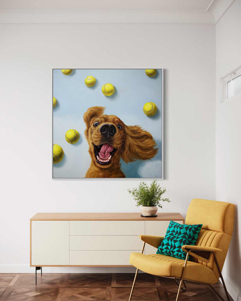 a painting of a dog with tennis balls in the background