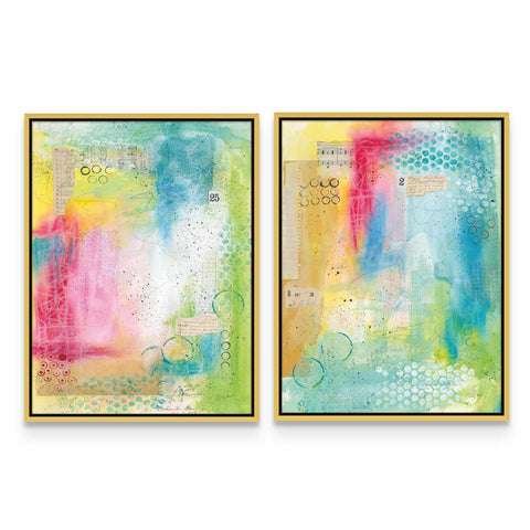 two paintings of different colors on a white background