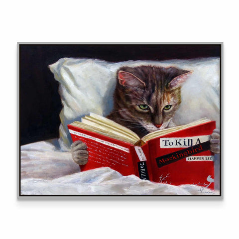 a painting of a cat reading a book