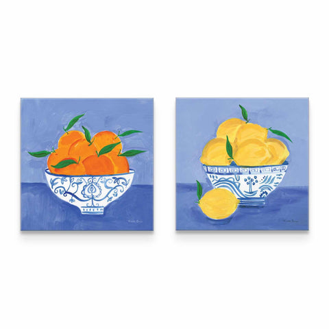 two paintings of oranges in a blue and white bowl
