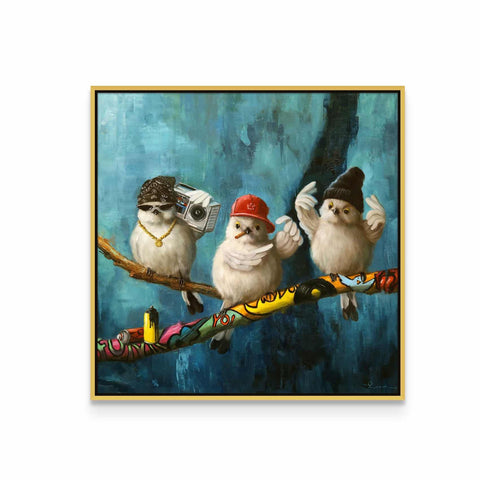 a painting of three birds perched on a branch