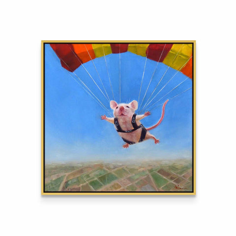 a painting of a rat flying with a parachute