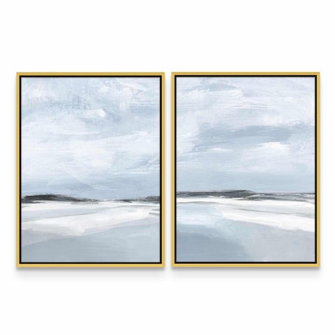 two paintings of a beach with a sky background