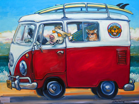 a painting of a red and white van with cats in it