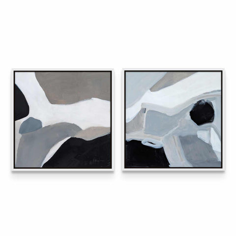 two paintings of black and white abstract shapes